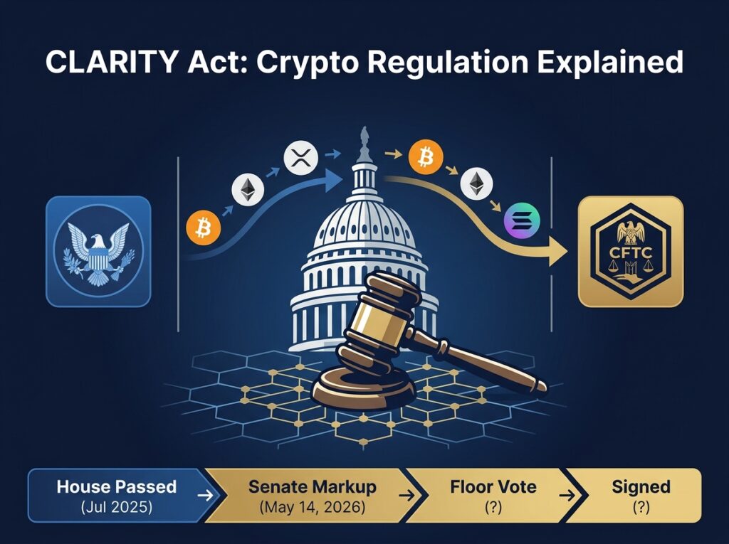 U.S. Capitol dome with gavel striking blockchain grid, SEC and CFTC logos on each side, crypto tokens BTC ETH XRP SOL flowing from SEC to CFTC jurisdiction, timeline showing House passed to Senate markup May 14 2026
