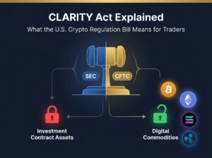 Infographic explaining the CLARITY Act showing how the bill splits crypto oversight between the SEC and CFTC, with digital commodities and investment contract asset classifications