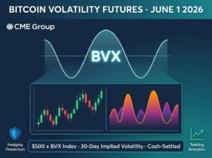 Alt Text: CME Bitcoin Volatility Futures BVX infographic showing volatility wave chart, $500 multiplier contract size, 30-day implied volatility measurement, and June 1 2026 launch date
