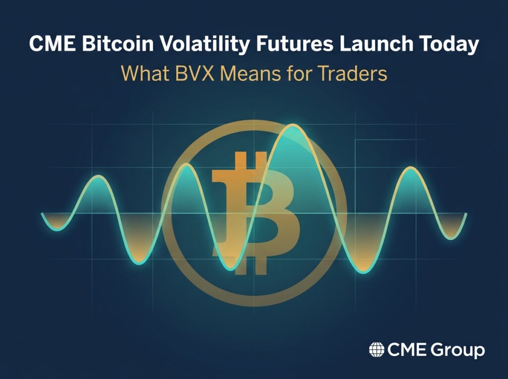 CME Bitcoin volatility futures BVX launch day infographic showing volatility wave and Bitcoin logo