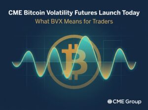 CME Bitcoin volatility futures BVX launch day infographic showing volatility wave and Bitcoin logo