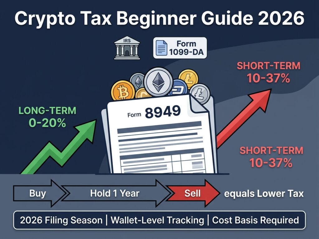 U.S. tax Form 8949 with Bitcoin and Ethereum icons, green long-term capital gains arrow 0-20% and red short-term arrow 10-37%, timeline showing buy hold one year sell equals lower tax, IRS building icon and Form 1099-DA badge, data bar showing 2026 filing season wallet-level tracking cost basis required.