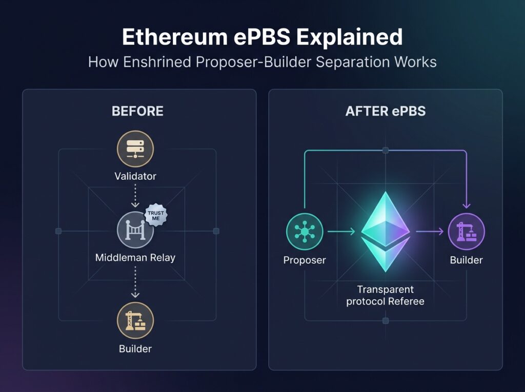 Infographic comparing Ethereum's current MEV-Boost relay system with the new ePBS enshrined proposer-builder separation coming in the Glamsterdam upgrade