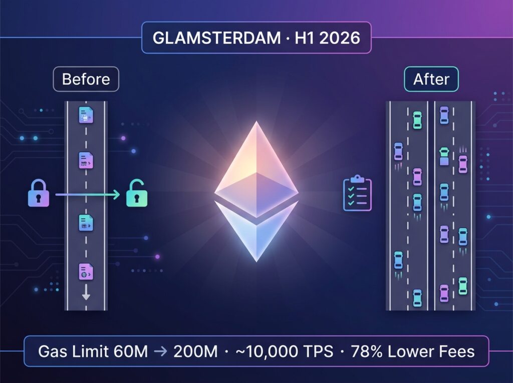 Ethereum Glamsterdam upgrade diagram showing single-lane to multi-lane processing, gas limit increase from 60M to 200M, and ePBS on-chain block building