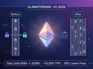 Ethereum Glamsterdam upgrade diagram showing single-lane to multi-lane processing, gas limit increase from 60M to 200M, and ePBS on-chain block building