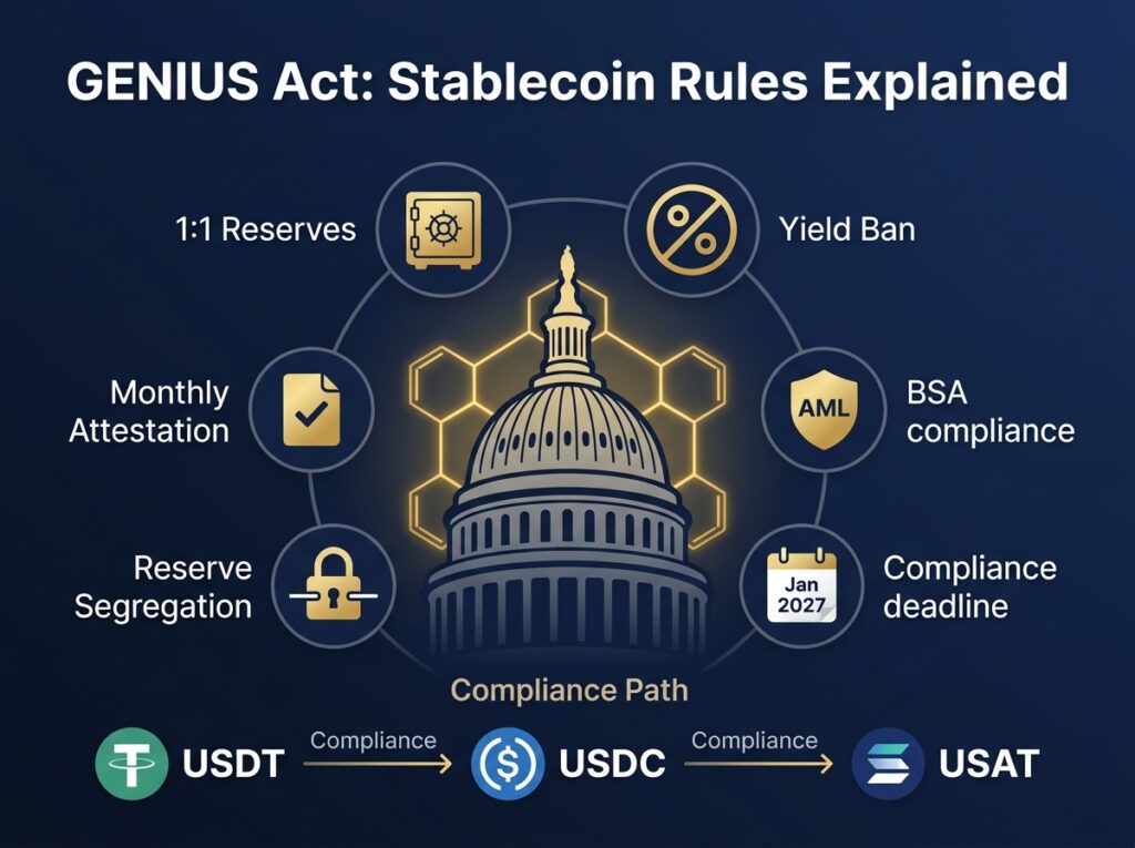 U.S. Capitol dome with blockchain overlay surrounded by six compliance icons — reserve vault, yield ban, audit checkmark, AML shield, deadline calendar, and segregation lock — with USDT, USDC, and USAT logos below