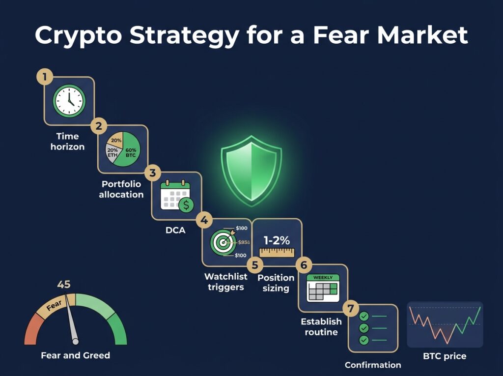 Seven-step crypto fear market strategy infographic with shield icon, portfolio allocation pie chart, DCA calendar, watchlist triggers, position sizing ruler, weekly routine planner, and Fear and Greed Index gauge at 45