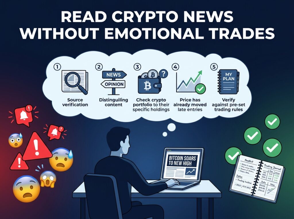 Person calmly reading crypto news at a desk with a 5-step filter framework in a thought bubble — source check, news vs opinion, relevance, price check, and plan verification — with chaotic noise on the left and calm trading journal on the right