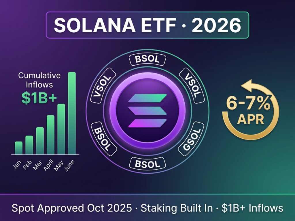 Solana ETF infographic showing cumulative inflows chart, BSOL ticker, staking yield icon, and October 2025 approval timeline