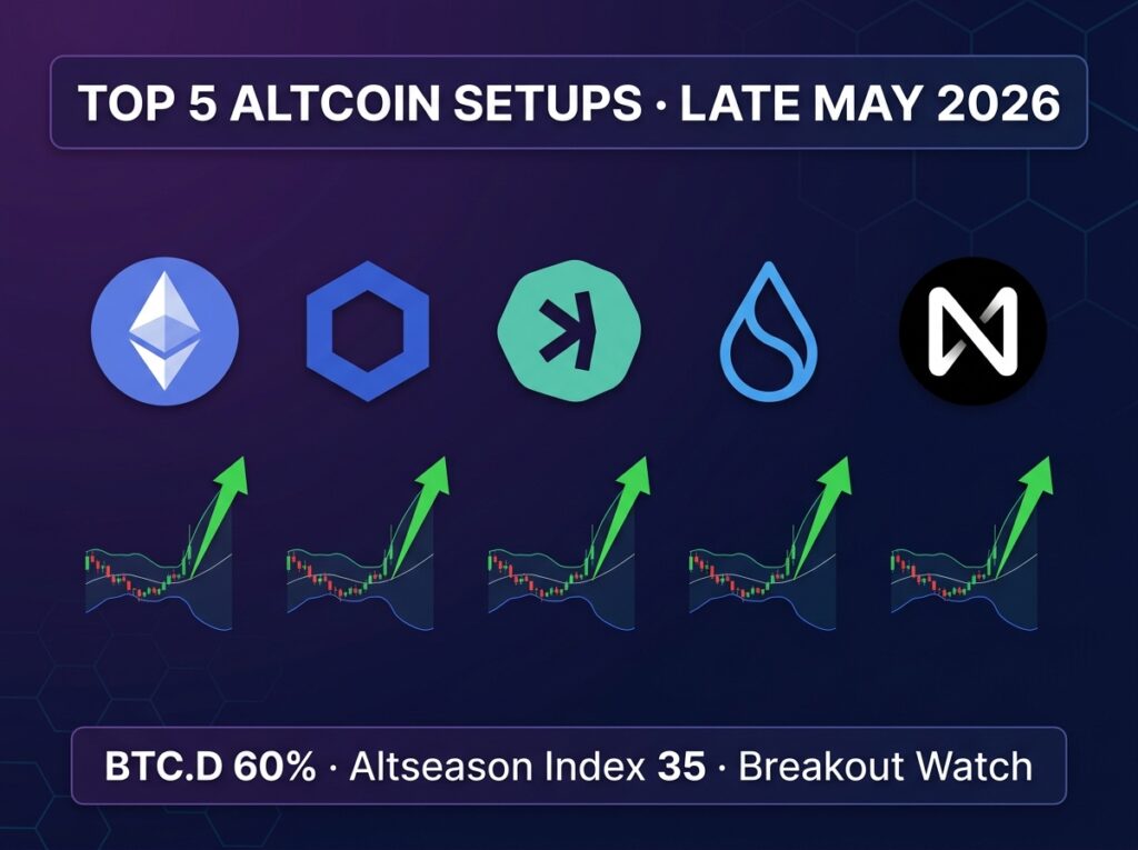 Top 5 altcoin breakout setups for late May 2026 infographic showing ETH LINK KAS SUI NEAR with compressed volatility charts, Bitcoin dominance 60%, and altcoin season index at 35