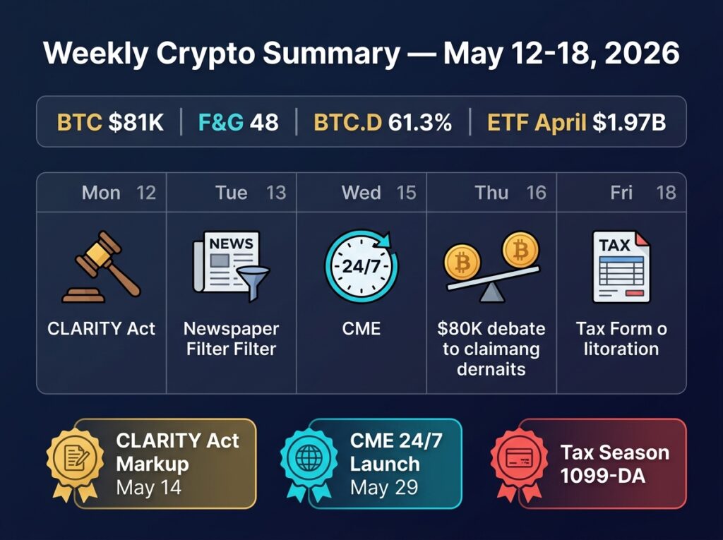Weekly calendar May 12-18 2026 with five article icons for CLARITY Act CME 24/7 Bitcoin 80K debate and crypto tax, data bar showing BTC $81K Fear Greed 48 BTC dominance 61.3% ETF April $1.97B, three highlight badges for CLARITY Act markup CME launch and tax season
