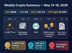 Weekly calendar May 12-18 2026 with five article icons for CLARITY Act CME 24/7 Bitcoin 80K debate and crypto tax, data bar showing BTC $81K Fear Greed 48 BTC dominance 61.3% ETF April $1.97B, three highlight badges for CLARITY Act markup CME launch and tax season
