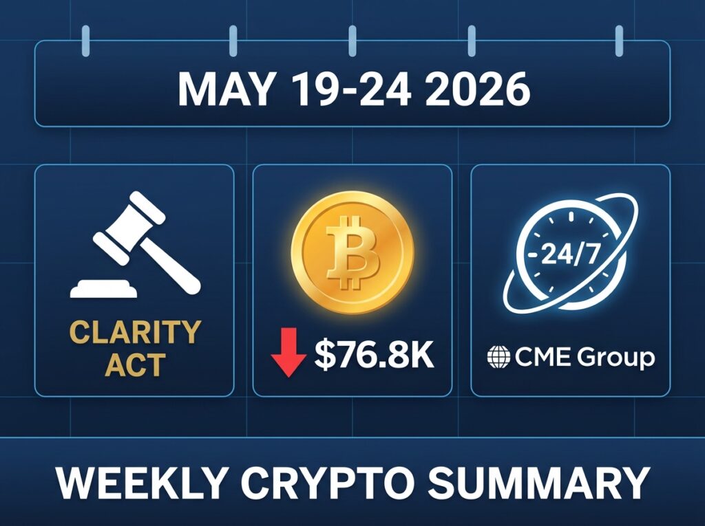 Weekly crypto summary May 19-24 2026 infographic showing CLARITY Act gavel, Bitcoin price dip to $76.8K, and CME 24/7 trading clock countdown